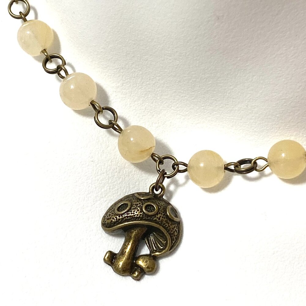 Natural Yellow Aventurine Necklace,Bronze Round Mushroom+Genuine Gemstone Choker